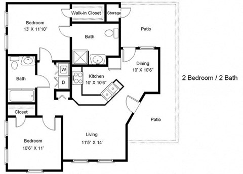 Floor plan for 2 beds, 2 baths, 923 sqft